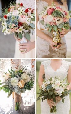 the bride is holding her wedding bouquet and posing for pictures in different angles, including flowers