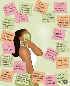 a woman holding a cell phone in front of post it notes with words on them