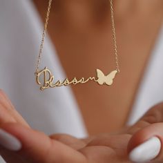 Elegant Personalized Butterfly Necklace, the perfect personalized gift for you or a loved one. Handcrafted with care, this elegant necklace features two names of your choice in a beautiful script font, delicately suspended on a dainty chain. Made with high-quality materials, including 925 sterling silver, this necklace is durable and long-lasting, ensuring it will be cherished for years to come. Whether you want to commemorate a special occasion or simply show someone you care, this necklace is a timeless and thoughtful choice. With its understated yet chic design, it can be worn alone or layered with other necklaces for a stylish and personalized look. Don't wait any longer to create your own unique two name necklace and make a statement with a piece of jewelry that's truly one-of-a-kind. Elegant Initial Necklace For Mother's Day, Affordable Clavicle Chain Necklace For Mother's Day, Delicate Chain Jewelry For Mother's Day, Cheap Name Necklace With Adjustable Chain For Mother's Day, Affordable Mother's Day Name Necklace Gift For Her, Cheap Mother's Day Name Necklace With Delicate Chain, Elegant Personalized Stainless Steel Charm Necklaces, Elegant Stainless Steel Name Necklace For Personalized Gift, Elegant Stainless Steel Name Necklace As Personalized Gift