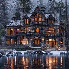 a large house sitting on top of a lake surrounded by trees