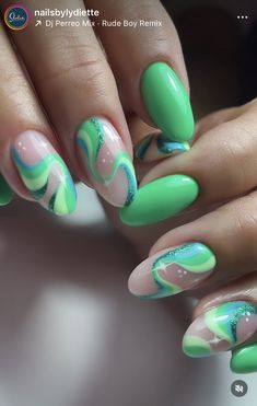 Blue And Green Nail Art, Green Blue Nails Ideas, Blue Green Nails Designs, Green Summer Nails Designs, Green And Blue Nails Designs, Blue And Green Nails Designs, Green Swirl Nails, Green And Blue Nails, Green Nails Summer