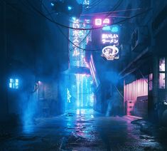 an alleyway with neon lights and signs on the buildings