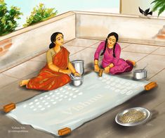 two women are sitting on the floor with pots and pans in front of them