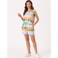 Elevate your loungewear with the Cheibear Women's Rainbow Stripe Tank Tops with Shorts Pajama Set. This delightful ensemble is crafted from a soft blend of 65% cotton and 35% polyester, ensuring both comfort and breathability. Its skin-friendly fabric is designed to keep you cool and comfortable throughout the night.

- Material: 65% Cotton, 35% Polyester
- Color: Brown with rainbow stripes
- Size: Large
- Gender: Female
- Features: Sleeveless top, shorts with pockets, moisture-wicking fabric

P Casual Summer Short Set For Pajama Party, Casual Summer Short Set For Lounging, Casual Short Set For Summer Lounging, Short Leisure Sleepwear For Spring, Multicolor Pajama Shorts For Spring Loungewear, Green Summer Pajama Shorts For Loungewear, Casual Multicolor Pajama Shorts For Pajama Party, Summer Cotton Sleepwear For Leisure, Casual Multicolor Pajama Shorts For Party