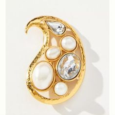 Nwt, Anthropologie The Restored Vintage Collection Paisley Brooch. 14k Gold-Plated Brass Faux Pearls Luxury Vintage Medallion Brooches, Vintage Oval Gold Brooches, Swan Brooch, Vintage Pearl Gold Brooches, Anthropologie Jewelry, Vintage Multi-stone Yellow Gold Brooches, Pink Pin, Fabric Brooch, Vintage Gold Multi-stone Brooches