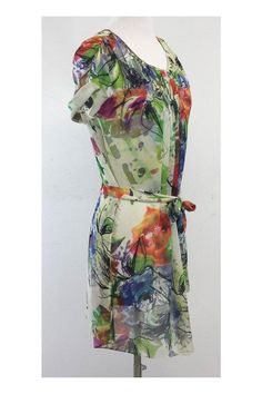 Size 4 TB 1 Multi-Color Watercolor Floral Silk Dress Slips on w/waist tie Short sleeves Elastic detail on bust & sleeves Loose & flowing Shoulder to hem 37" Multicolor Belted Knee-length Dress, Short Sleeve Dresses With Sashes For Spring, Vibrant Silk Spring Dress, Multicolor Flowy Dress With Tie Waist, Fitted Summer Dresses With Sashes, Multicolor Belted Summer Dress, Fitted Multicolor Dress With Tie Waist, Multicolor Belted Dress For Spring, Floral Silk Dress