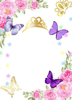 a floral frame with butterflies and flowers