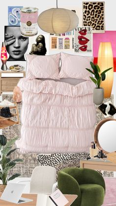 a collage of pink and green items including a bed, chair, desk, mirror, lamp and pictures on the wall