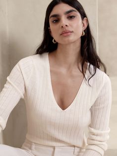 Nezha Merino V-Neck Sweater | Banana Republic V Neck Sweater With Necklace, Luxury Relaxed Fit V-neck Sweater For Fall, Cheap Fitted V-neck Sweater For Winter, Women Cream Sweater, V Neck Sweater Short, Ribbed Vneck Sweater, Luxury Chic V-neck Sweater For Spring, Affordable White V-neck Sweater For Spring, V Nevk Sweater