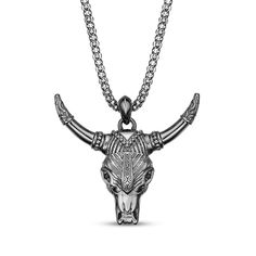 The ornate details on this bull necklace make it a trailblazing and trend-worthy style. Oxidized sterling silver Black spinels decorate the eyes of the sculpted bull pendant 24-inch popcorn chain with lobster clasp Bull Pendant, Bull Necklace, Fan Jewelry, Anniversary Necklace, Mens Fashion Jewelry, Diamond Wedding Rings Sets, Diamond Settings, Black Spinel, Layered Bracelets