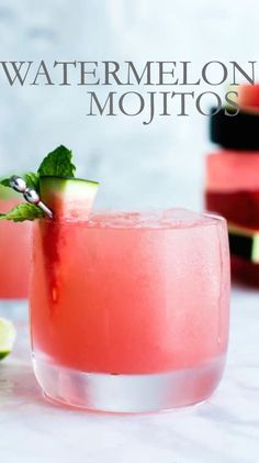 a watermelon mojito is garnished with mint