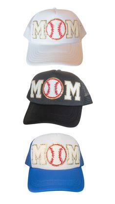 three baseball caps with the word mom on them