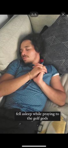 a man laying on top of a couch next to a black pillow with the words, tell asterp while praying to the god