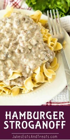 hamburger stroganooffe on a white plate with fork and parsley in the background