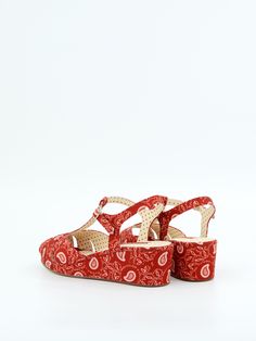 1950's Inspired Low Wedge Sandal Proud To Be 100% Vegan Friendly Upper Material: Vintage Bandana Print Fabric Lining: Man Made Wedge Height: 1/2" Front Platform / 2" Back Side Buckle Closure Fit: True To Size. If You Have Any Questions Regarding Sizing, Please Contact Our Customer Care. Imported Red Flat Wedge Sandals For Beach, Retro Platform Wedge Sandals With Round Toe, Retro Round Toe Platform Wedge Sandals, Vintage Summer Wedge Sandals With Platform, Vintage Flat Sandals For Summer, Red Closed Toe Wedge Sandals For Summer, Vintage Closed Toe Platform Sandals, Vintage Flat Sandals For Spring, Vintage Ankle Strap Wedge Sandals For Summer