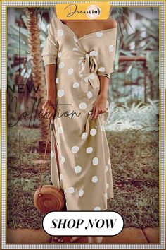 Polka Dot V-neck Dress(with Belt) Long Sleeve Maxi Dresses, Estilo Hipster, A Line Maxi Dress, Maternity Outfits, Traje Casual, Khaki Dress, Polka Dress, Dress With Belt, Long Sleeve Maxi