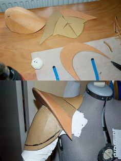 two pictures of hats and sewing needles on a table with paper machs in the background