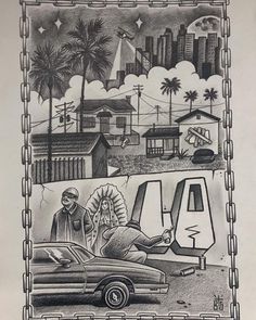 a black and white drawing of a car parked in front of a city with palm trees