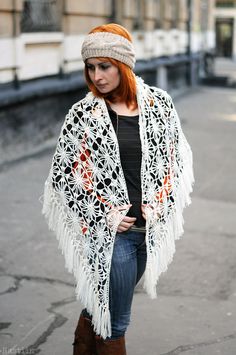 This OOAK crochet shawl is an instant sophistication of your casual look or for an evening out. Hand crocheted in soft half-woolen yarn of beautiful milk white color with exquisite flower pattern, this lace shawl is light as feather and has a luxurious feeling when wrapped around your shoulders or draped around your neck. This awesome shoulder wrap is great for a bride to cover her shoulders. This gorgeous handmade shawl wrap will make an excellent Mothers day gift for women, it arrives gift-... Handmade Lace Shawl In White, Handmade White Lace Shawl, White Bohemian Winter Shawl, White Crochet Lace Shawl, Bohemian White Crochet Shawl, White Crochet Shawl For Winter, Winter White Crochet Shawl, White Lace Bohemian Shawl, White Lace Shawl