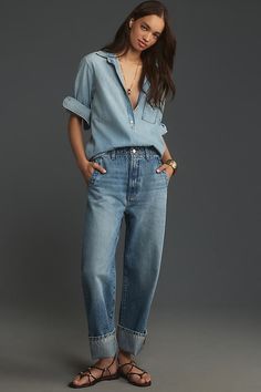 Find PILCRO The Lonnie Cuffed High-rise Crop Jeans on Editorialist. Denim, decoded: This fall, we're digging denim in every corner of our closet. Marked by a just-so slouch and cuffed hem, the top-rated Lonnie Jeans are perfectly relaxed from hip through hem. The Lonnie Cuffed High-Rise Crop Jeans by Pilcro in Blue, Women's, Size: 25, Cotton Business Casual Wardrobe, Denim Outfit Men, Parisian Outfit, Denim Jeans Fashion, Cuffed Jeans, Casual Outerwear, Engagement Outfits, Classy Casual Outfits, Jeans Outfit