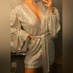 Size Medium Gently Used House Of Cb Dresses, Silver Sequin Dress, Belted Wrap Dress, House Of Cb, Silver Sequin, House Dress, Sequin Dress, Wrap Dress, Womens Dresses