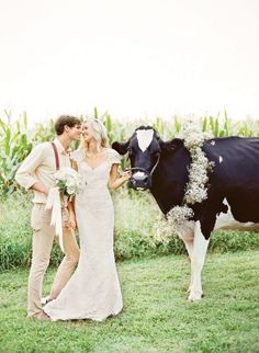 a bride and groom standing next to a cow in the middle of a grass field