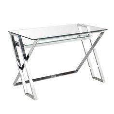 a glass table with metal legs on a white background