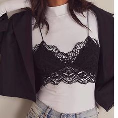 Free People Mariana Bralette Women’s Black Lace Crop. Still On The Free People Website! Great Lower Price. Brand New In Package Never Opened! Style No. 65934234; Color Code: 001 A Forever-Essential Base Layer, This Sweet Bralette Features A Crochet Lace Overlay And Sweetheart Neckline With Stretchy, Smocked Back For Effortless Ease. Adjustable Straps Longline Design Triangle Silhouette Intimately Our Softest Intimates And Best-Ever Base Layers. Intimately Is An In-House Label. Care/Import Hand W Lacy Bralettes Outfits, Chic Cami Bra, Black Stretch Cami Bra, Black Fitted Bra With Spaghetti Straps, Black Camisole Bra For Summer, Fitted Black Bra With Spaghetti Straps, Spring Lace Bra For Night Out, Black Lace Bra For Spring, Elegant Black Bra For Spring