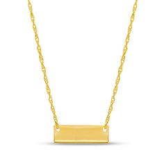 Simple and petite, this bar necklace in yellow gold is a charming look you can wear with everything. Crafted in 14K gold This choice features a dainty horizontal bar gleaming at the center of a rope chain. Great for layering with other necklaces, chains and pendants This 18.0-inch necklace adjusts to 16.0 inches and secures with a spring-ring clasp. Rectangular Yellow Gold Bar Necklace For Everyday, Everyday Yellow Gold Rectangular Bar Necklace, Everyday Rectangular Yellow Gold Bar Necklace, Yellow Gold Rectangular Bar Necklace, Dainty Gold Rectangular Bar Necklace, Classic Gold Nameplate Bar Necklace, Classic Gold Rectangular Bar Necklace, Classic Rectangular Gold Bar Necklace, Classic Yellow Gold Bar Necklace With Rectangular Pendant