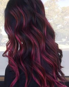 Balayage on Black Hair Highlights Ideas For Brown Hair, Balayage On Black Hair, Black Hair With Red Highlights, Black Red Hair, Red Ombre Hair, Red Balayage, Black Hair Balayage, Red Highlights, Burgundy Hair