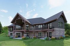 this is an artist's rendering of a house in the country side with stone and wood accents