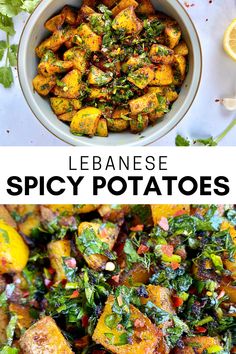 two pictures with different types of food and the words, lebanse spicy potatoes