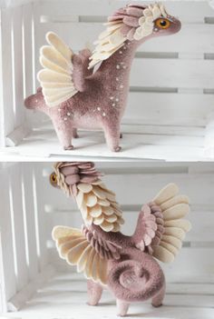 two different images of an animal made out of clay and paper with wings on them