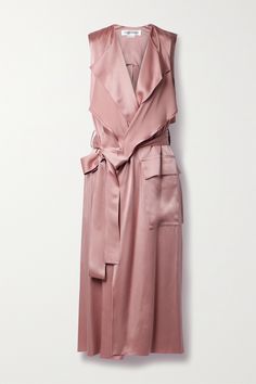 Inspired by classic trench coats, Victoria Beckham's midi dress has a draped neckline and a cinching waist belt. It's made from hammered-satin in a soft 'Peony' shade and turns to reveal a small cutout at the lower back. Style yours with ankle boots or heels. Chic Satin Midi Dress With Tie Waist, Elegant Silk Belted Midi Dress, Chic Silk Midi Dress With Tie Waist, Silk Midi Dress With Tie Waist For Work, Chic Satin Midi Dress For Work, Elegant Draped Midi Dress For Daywear, Elegant Draped Belted Dress, Silk Draped Midi Dress For Work, Dressy Hats