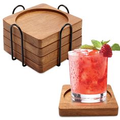 a wooden coaster with a drink on it and a set of coasters that hold drinks