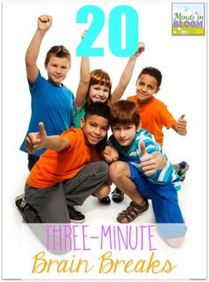 there are many children posing for the camera with their hands in the air and text overlay that reads 20 three - minute brain breaks