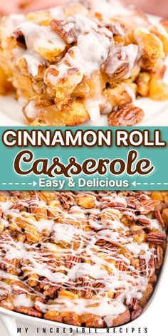 cinnamon roll casserole with white icing on top and the title overlay