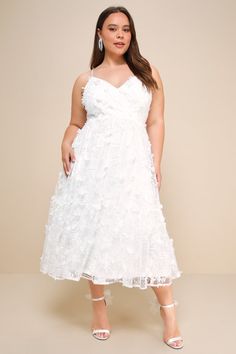 Celebrate the season in style with the Lulus Springtime Soiree White Sequin 3D Floral Applique Midi Dress! Airy tulle boasts embroidered, sequin details and three-dimensional floral appliques throughout as it shapes this darling dress. Adjustable spaghetti straps support a surplice bodice with flattering bust darts and a fitted waist. A-line skirt falls to a tiered midi hem. Hidden zipper/clasp at back. Fit: This garment fits true to size. Length: Mid-calf length. Size medium measures 41.50" fro Elegant Organza Dress With 3d Embroidery, Spring Lace Dress With 3d Embroidery, Elegant Lace Dress With 3d Embroidery, Lace Sequin Dress For Wedding Guest, Elegant White Dress With 3d Embroidery, White Lace Dress With Floral Applique For Party, White Lace Dress With 3d Embroidery, 3d Applique, Dress With Sequins