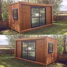 two pictures of a small wooden building in the grass with windows on each side and doors open