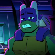 an animated character in a purple and green outfit with his head turned to the side