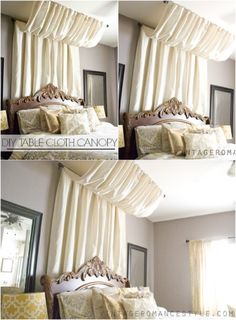 four different views of a bed with white drapes and pillows on top of it