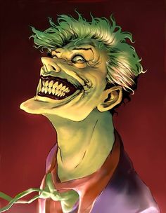 a drawing of a man with green hair and an evil grin on it's face