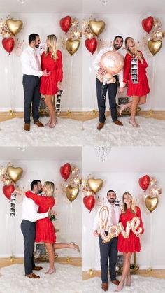 a man and woman posing for pictures in front of balloons