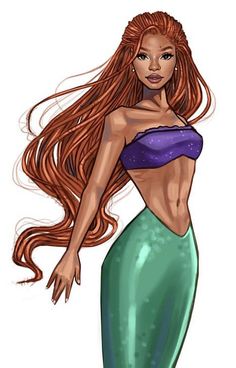 a drawing of a woman with long red hair wearing a purple top and green skirt