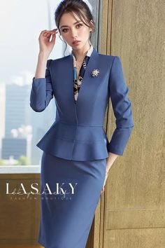 Lasaky - Chic and Stylish Womens Uniform Attire for Upscale Hotels and Salons Womens Uniform, Grey Blue Suit, Collar Kurti Design, Corporate Attire Women, Professional Uniforms, Fashionable Work Outfit, Business Attire Women, Corporate Attire, Women Blouses Fashion