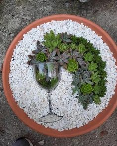 a wine glass with succulents and gravel in it on top of a plate