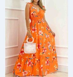 Material: Polyester  Gender: Women  Item Type: Dress  Color: Orange  Size: S, M, L, XL Dresses Casual Maxi, Summer Dresses Casual, Smocked Maxi Dress, Party Dress Long Sleeve, Rust Dress, Orange Beach, Puff Sleeve Dresses, Party Dress Long, Boho Maxi Dress