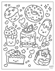 a coloring page with different types of cakes and desserts