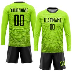 a soccer jersey with the name team name and number on it, in neon green