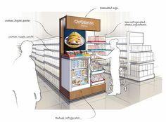 a drawing of a person standing in front of a food vending kiosk